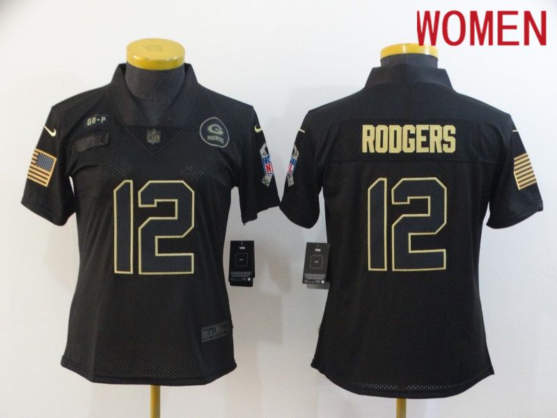 Women Green Bay Packers 12 Rodgers Black gold lettering 2020 Nike NFL Jersey